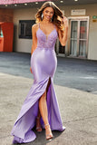 Lilac Mermaid V Neck Open Back Beaded Appliques Prom kjoler med spalt