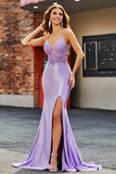 Lilac Mermaid V Neck Open Back Beaded Appliques Prom kjoler med spalt