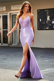 Lilac Mermaid V Neck Open Back Beaded Appliques Prom kjoler med spalt