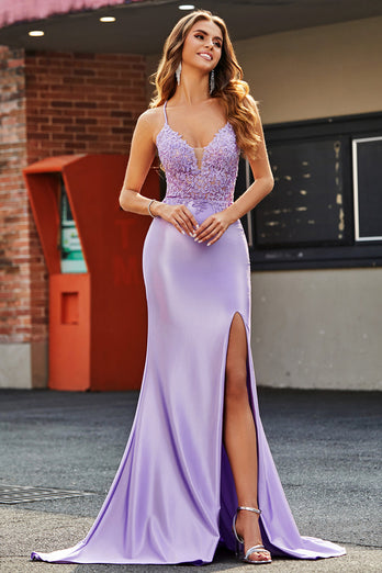 Lilac Mermaid V Neck Open Back Beaded Appliques Prom kjoler med spalt