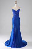 Royal Blue Mermaid stroppeløs lang beaded prom kjole med applikasjoner