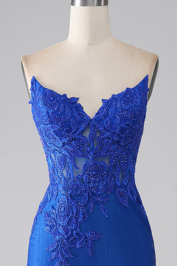 Royal Blue Mermaid stroppeløs lang beaded prom kjole med applikasjoner