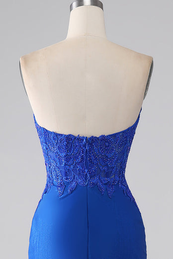 Royal Blue Mermaid stroppeløs lang beaded prom kjole med applikasjoner