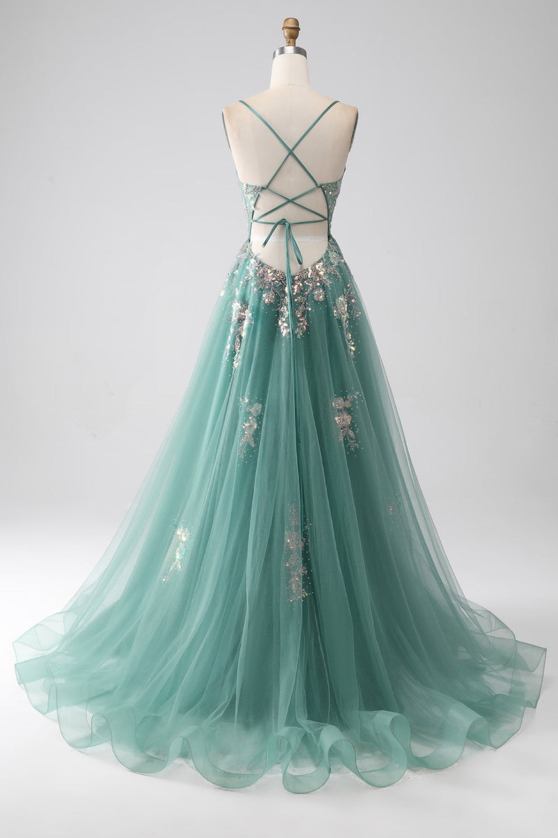 Load image into Gallery viewer, Grønn A-linje spaghetti stropper lang prom kjole med glitrende paljett appliques