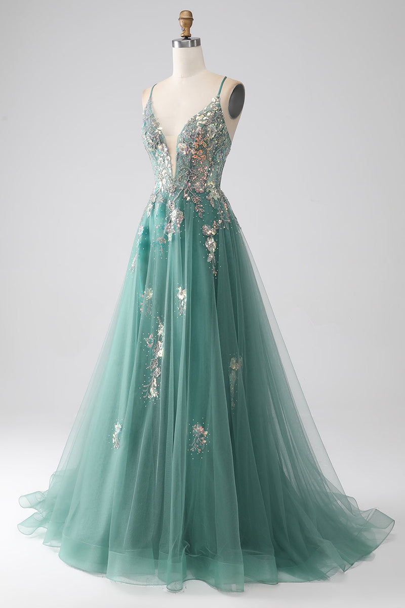Load image into Gallery viewer, Grønn A-linje spaghetti stropper lang prom kjole med glitrende paljett appliques