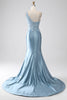 Load image into Gallery viewer, Gråblå havfrue spaghetti stropper lang perlet ballkjole med applikasjoner
