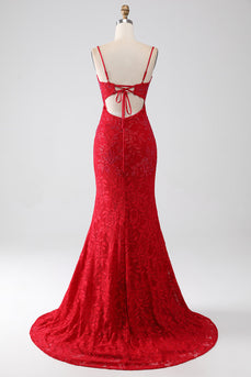 Rød havfrue spaghetti stropper Beaded blonder Applique Prom kjole med spalt