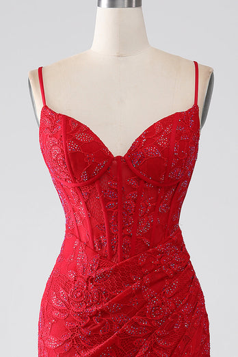 Rød havfrue spaghetti stropper Beaded blonder Applique Prom kjole med spalt
