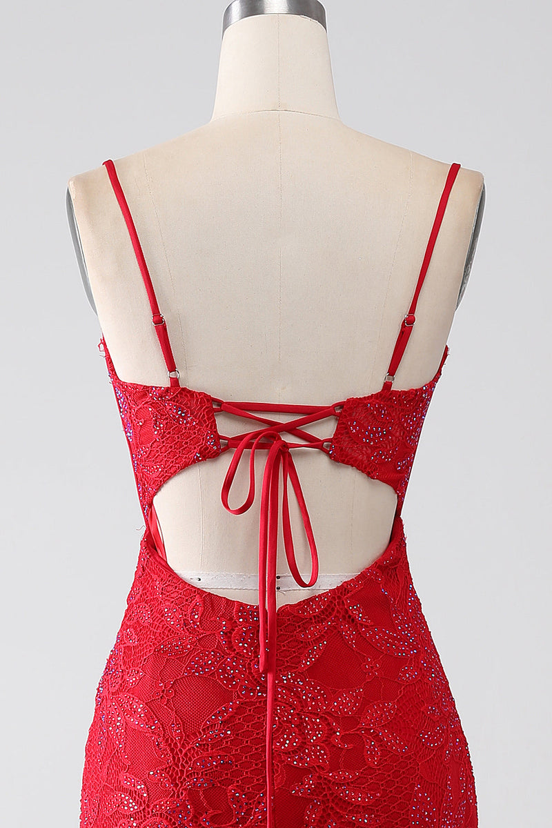 Load image into Gallery viewer, Rød havfrue spaghetti stropper Beaded blonder Applique Prom kjole med spalt