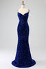 Load image into Gallery viewer, Elegant Royal Blue Mermaid Spaghetti stropper Velvet Sequin Long Prom Dress