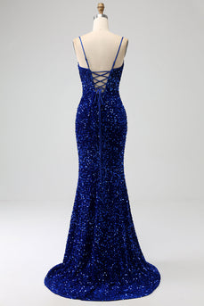 Elegant Royal Blue Mermaid Spaghetti stropper Velvet Sequin Long Prom Dress