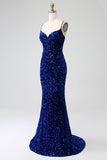 Elegant Royal Blue Mermaid Spaghetti stropper Velvet Sequin Long Prom Dress