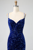 Elegant Royal Blue Mermaid Spaghetti stropper Velvet Sequin Long Prom Dress