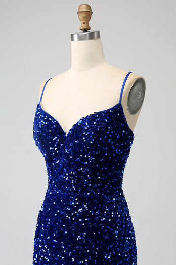 Elegant Royal Blue Mermaid Spaghetti stropper Velvet Sequin Long Prom Dress