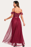 Burgund Beaded A-Line Long Prom Dress