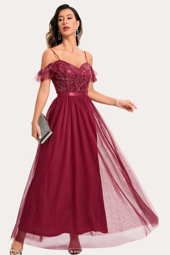 Burgund Beaded A-Line Long Prom Dress