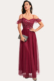 Burgund Beaded A-Line Long Prom Dress