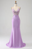 Trendy Mermaid Spaghetti stropper Lilac Long Prom Kjole med Appliques Beading