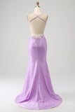 Trendy Mermaid Spaghetti stropper Lilac Long Prom Kjole med Appliques Beading