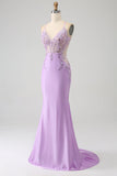 Trendy Mermaid Spaghetti stropper Lilac Long Prom Kjole med Appliques Beading