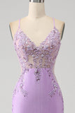 Trendy Mermaid Spaghetti stropper Lilac Long Prom Kjole med Appliques Beading