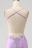 Trendy Mermaid Spaghetti stropper Lilac Long Prom Kjole med Appliques Beading