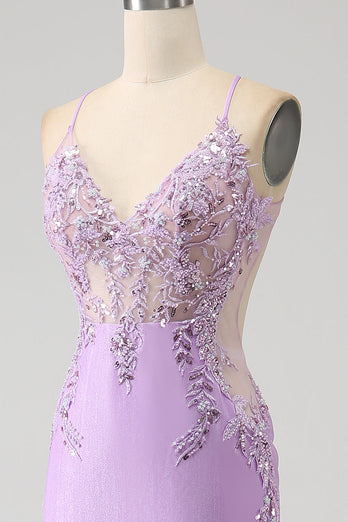 Trendy Mermaid Spaghetti stropper Lilac Long Prom Kjole med Appliques Beading