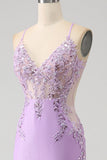 Trendy Mermaid Spaghetti stropper Lilac Long Prom Kjole med Appliques Beading