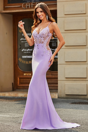 Lilac Mermaid V Neck Open Back Beaded Prom kjoler med Appliques
