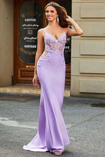 Lilac Mermaid V Neck Open Back Beaded Prom kjoler med Appliques
