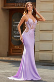 Lilac Mermaid V Neck Open Back Beaded Prom kjoler med Appliques