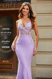 Lilac Mermaid V Neck Open Back Beaded Prom kjoler med Appliques