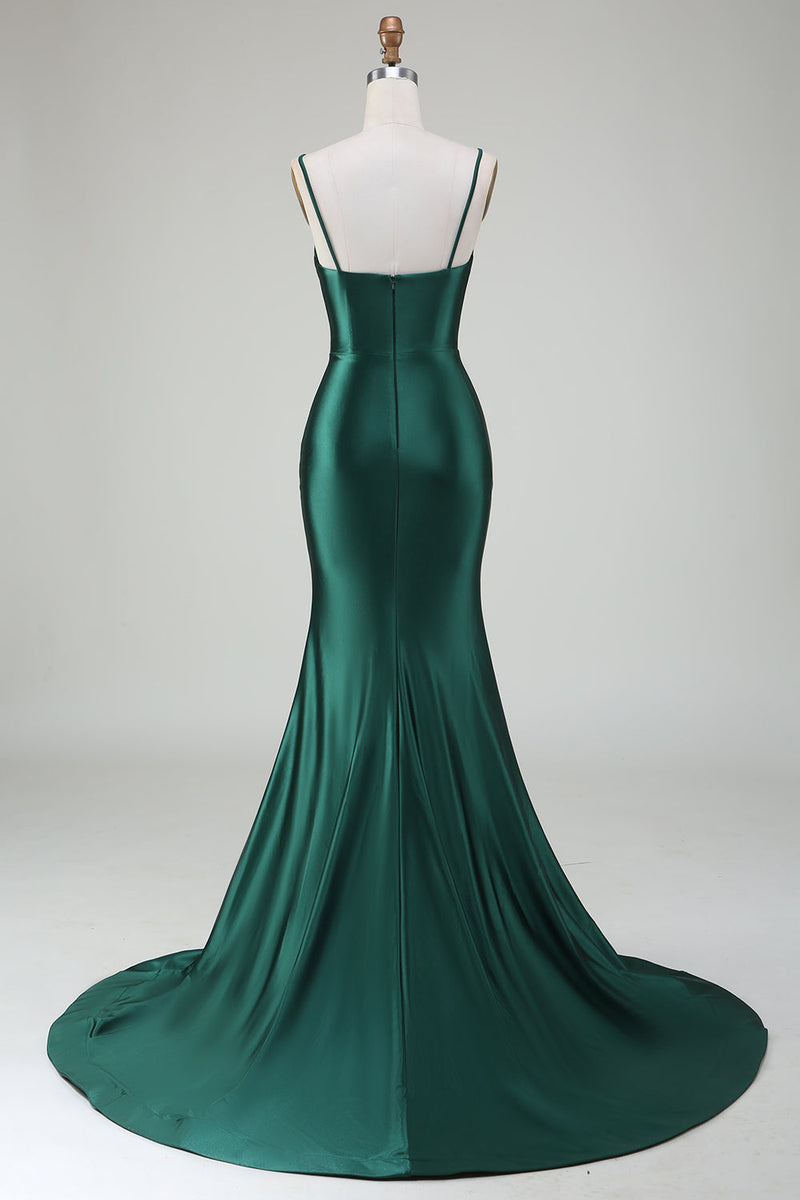 Load image into Gallery viewer, Mørkegrønn havfrue spaghetti stropper feie toget prom kjole