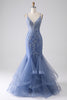 Load image into Gallery viewer, Grå blå havfrue spaghetti stropp Beaded Backless Prom kjole med Appliques