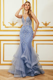 Mermaid Spaghetti Strap Beaded Backless Grey Blue Prom Dress med Appliques