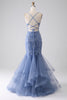 Load image into Gallery viewer, Grå blå havfrue spaghetti stropp Beaded Backless Prom kjole med Appliques