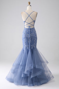 Grå blå havfrue spaghetti stropp Beaded Backless Prom kjole med Appliques