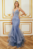 Mermaid Spaghetti Strap Beaded Backless Grey Blue Prom Dress med Appliques