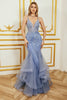Load image into Gallery viewer, Mermaid Spaghetti Strap Beaded Backless Grey Blue Prom Dress med Appliques