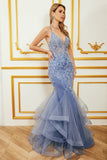 Mermaid Spaghetti Strap Beaded Backless Grey Blue Prom Dress med Appliques