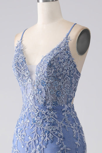 Grå blå havfrue spaghetti stropp Beaded Backless Prom kjole med Appliques