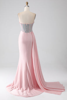 Rosa havfrue stroppeløs beaded plissert lang ballkjole med høy spalt