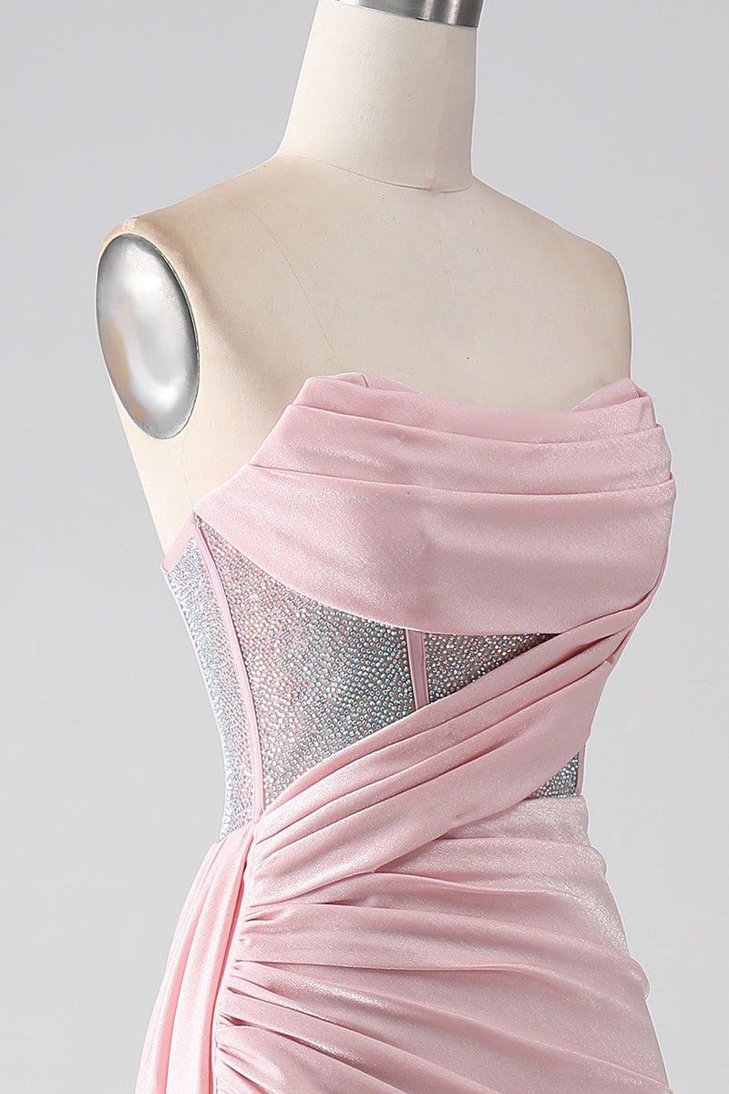 Load image into Gallery viewer, Rosa havfrue stroppeløs beaded plissert lang ballkjole med høy spalt