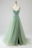 Nydelig A Line V Neck Light Green Long Prom Kjole med Appliques