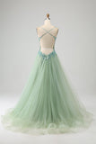 Nydelig A Line V Neck Light Green Long Prom Kjole med Appliques