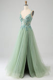 Nydelig A Line V Neck Light Green Long Prom Kjole med Appliques