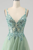 Nydelig A Line V Neck Light Green Long Prom Kjole med Appliques