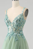 Nydelig A Line V Neck Light Green Long Prom Kjole med Appliques