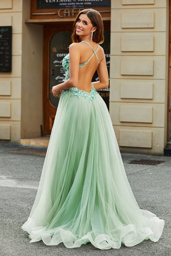 A-Line V Neck Split Tylle Light Green Prom Dress med Appliqued Beading