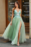 A-Line V Neck Split Tylle Light Green Prom Dress med Appliqued Beading